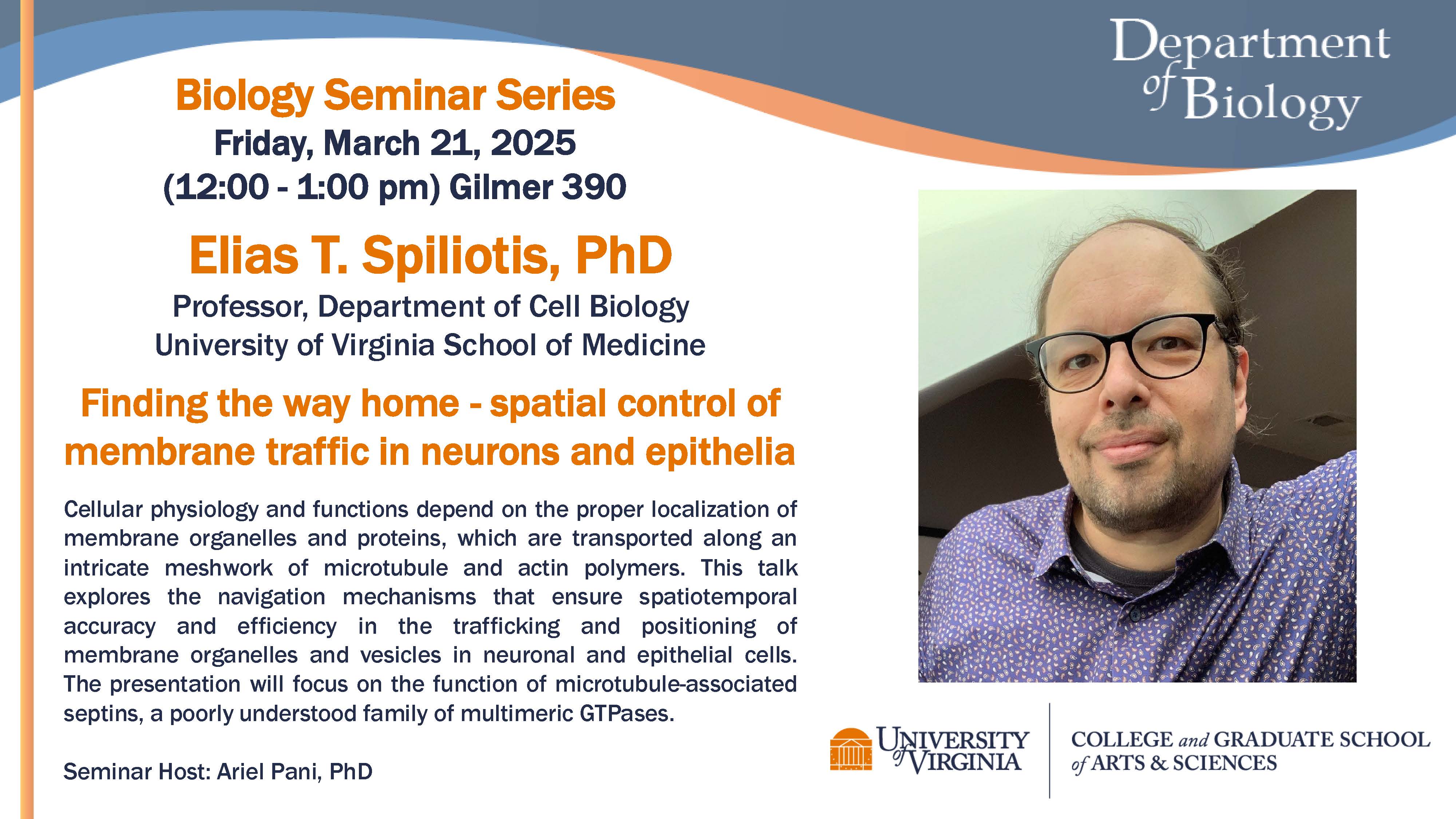 Seminar flyer with image of Elias T. Spiliotis, PhD